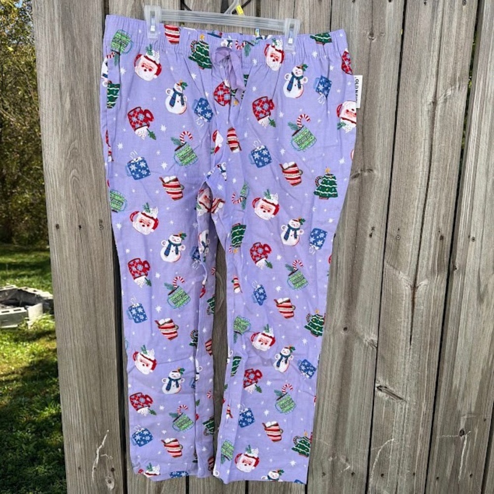 Christmas Holiday Old Navy Pajama Pants L Purple Maternity Flannel Snowman Cocoa